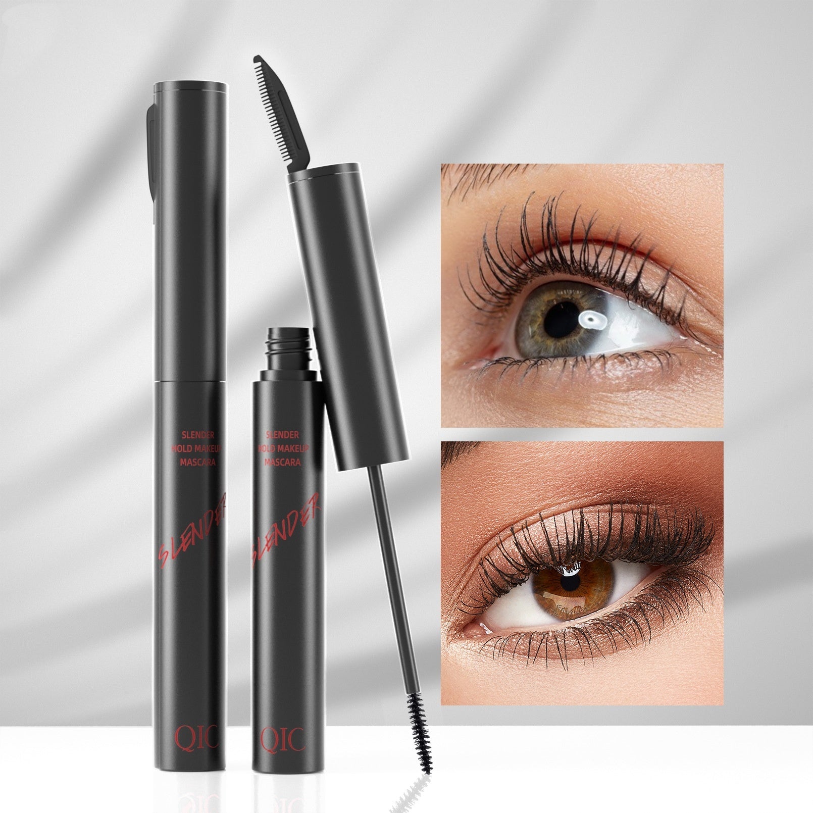 Mascara with close-up shots of eyes wearing the product on a gray background