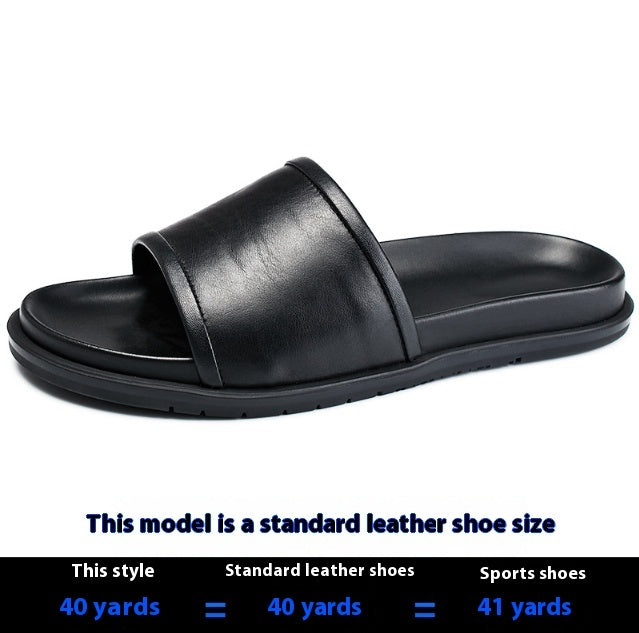 Black leather sandal on a white background with size conversion text.