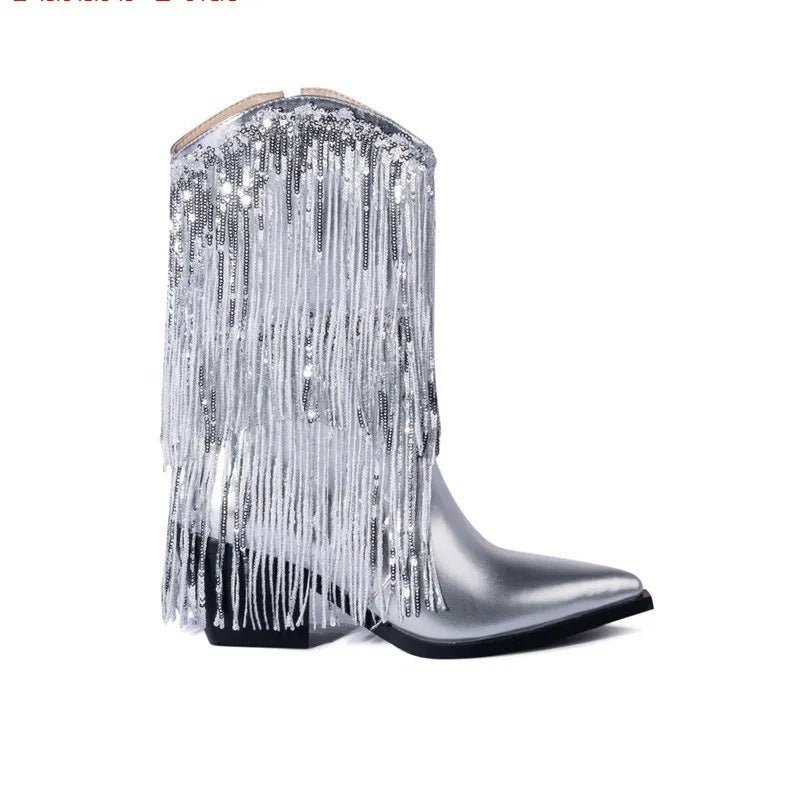 Silver cowboy boot with tassels on a white background