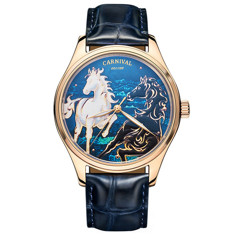 Luxury watch with horse design on the dial, brand 'Carnival' visible