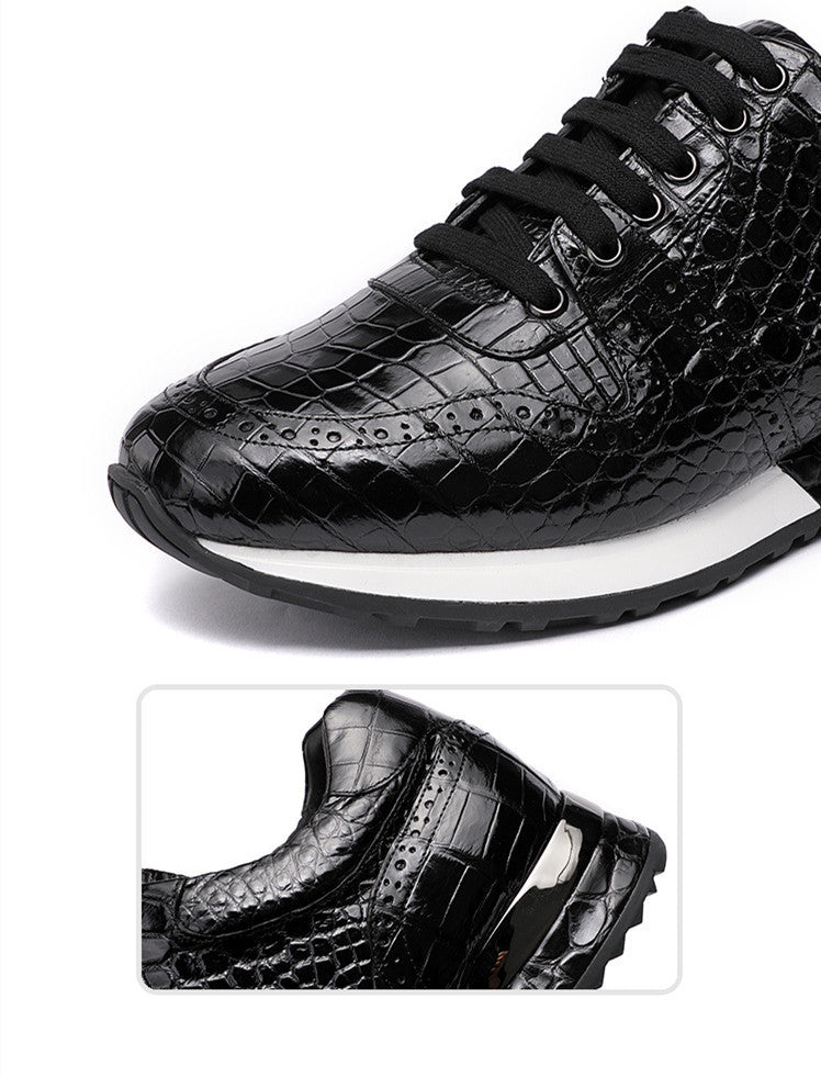 Black crocodile-patterned sneaker with a close-up inset on a white background