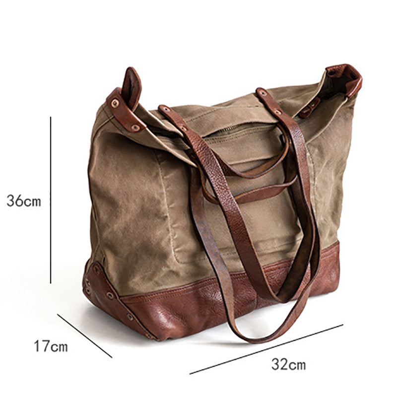 Brown canvas bag with leather straps and measurements on a white background