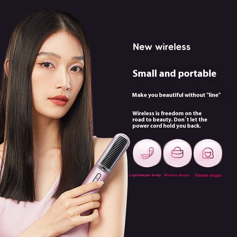 Woman holding a wireless hair styling tool with promotional text on a dark background