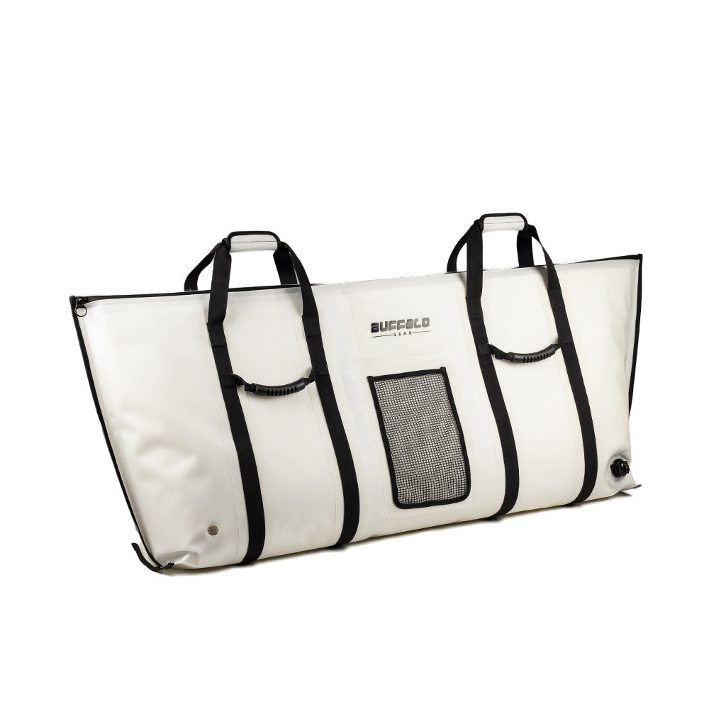 White tote bag with black straps and mesh pocket on a white background