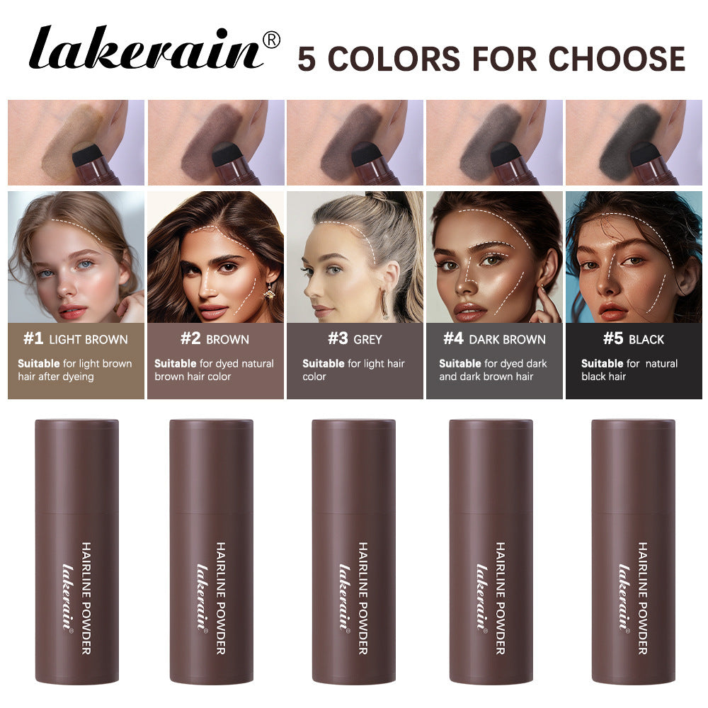 Lakerain hair powder with color swatches and application examples on a white background