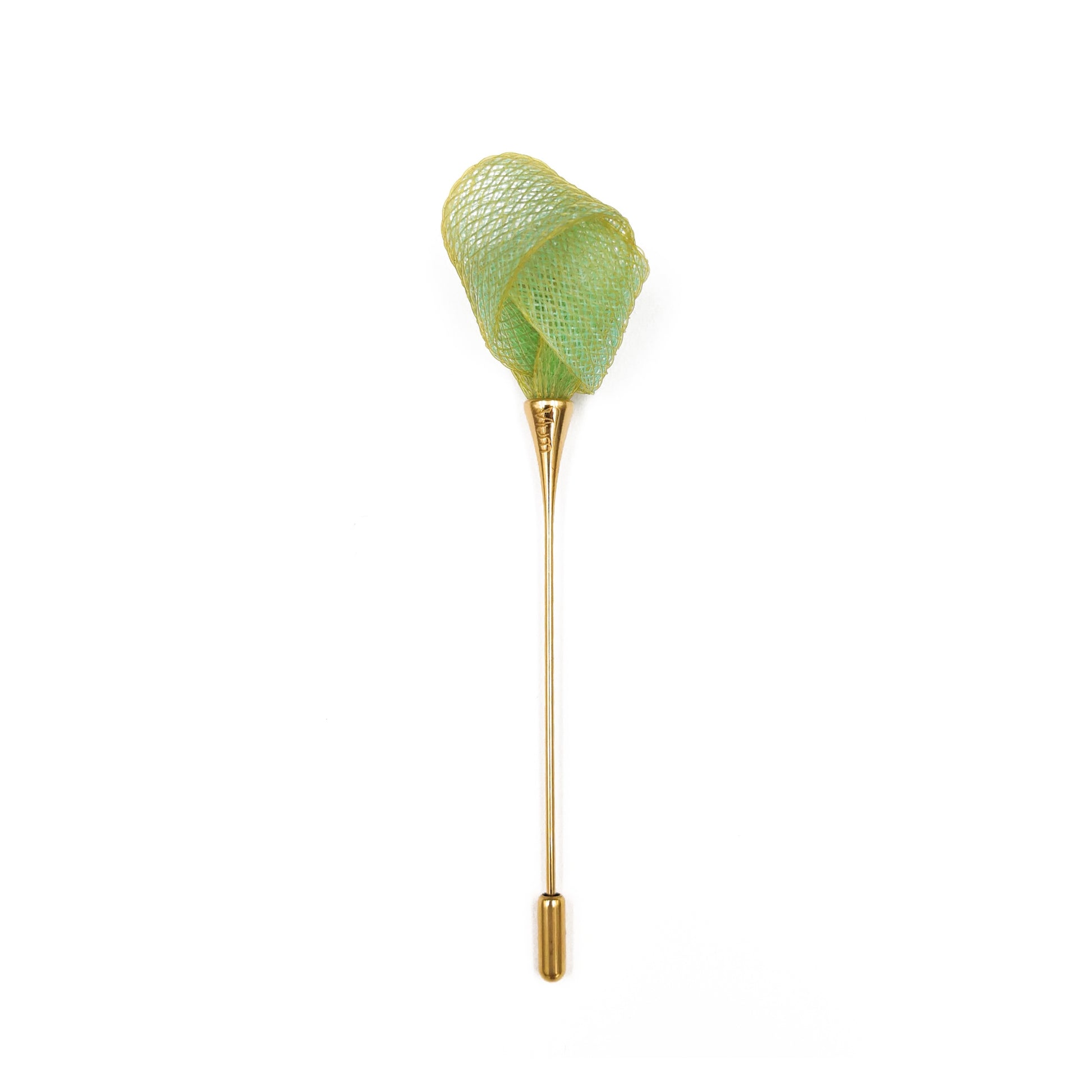 Green butterfly net with gold handle on a white background