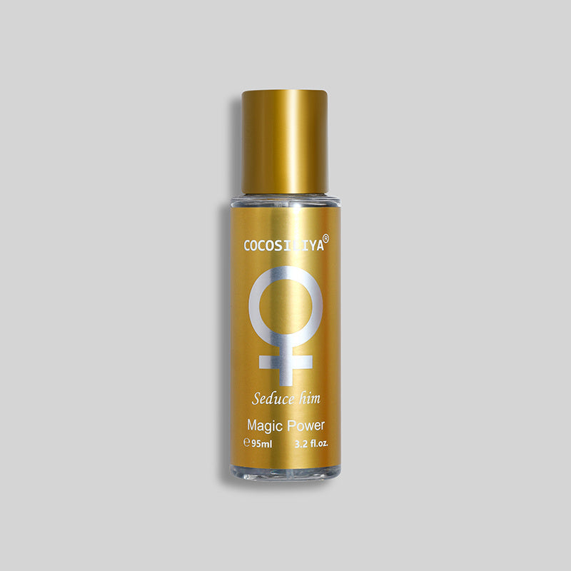 Gold bottle of COCOSHEYA Magic Flower on a light gray background