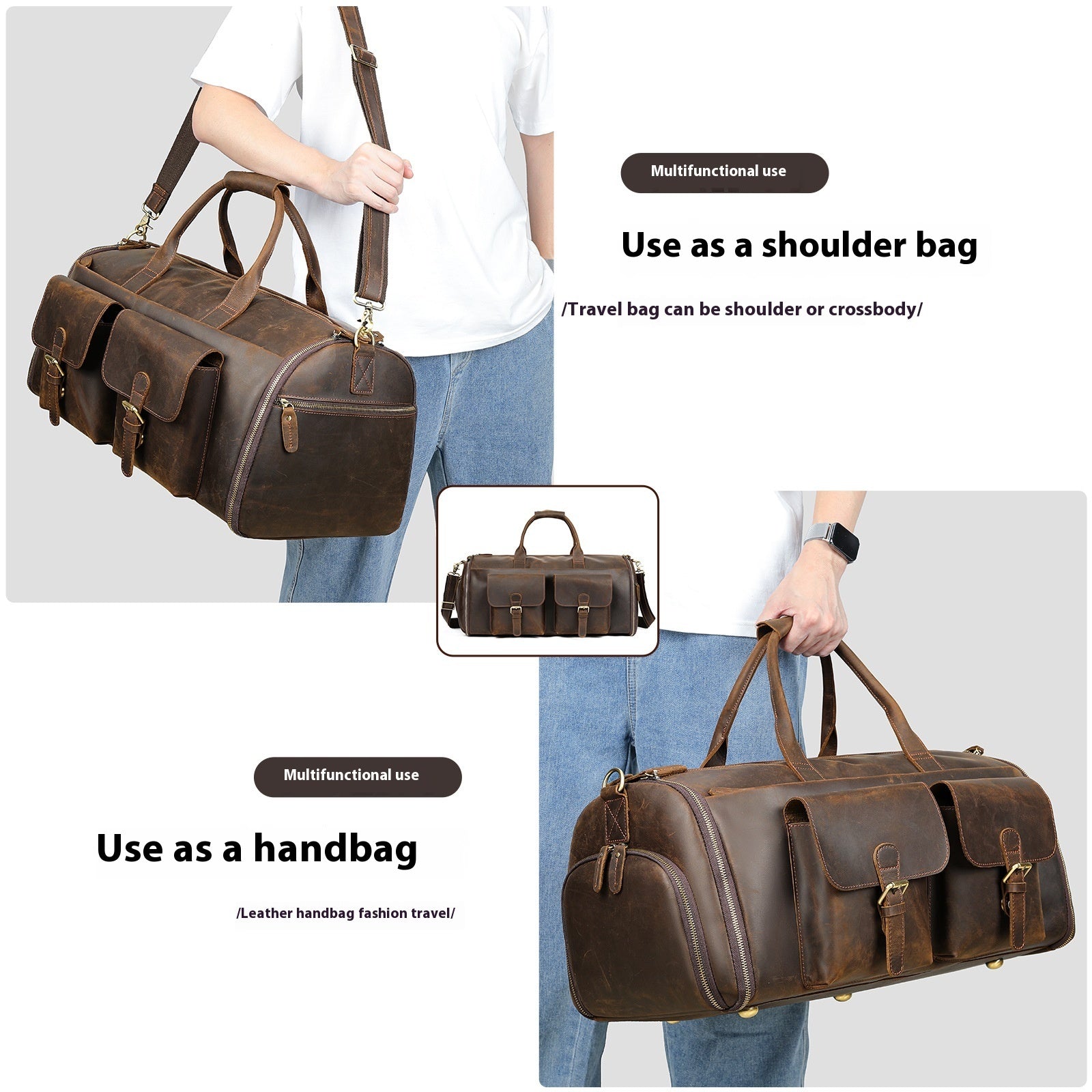 Brown leather duffel bag with shoulder strap, held by a person wearing a white shirt and blue jeans.