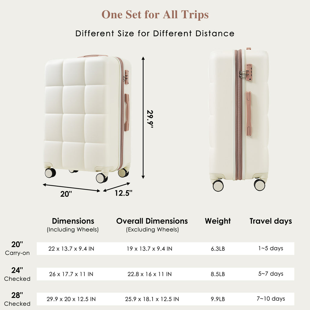 Two white suitcases with dimensions and travel information on a white background