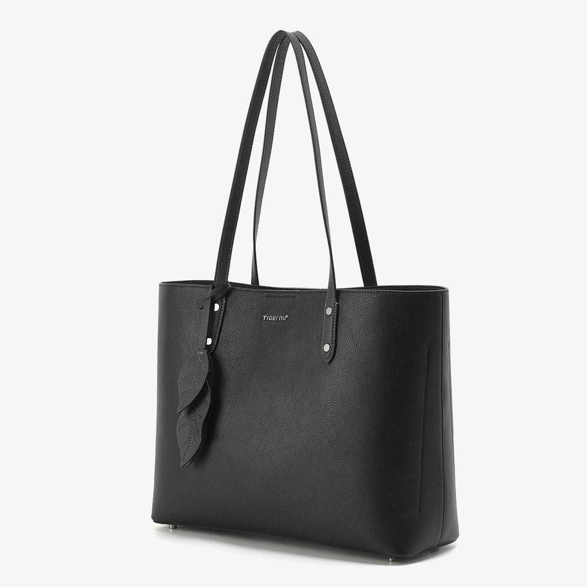 Black tote bag with a visible brand logo on a white background