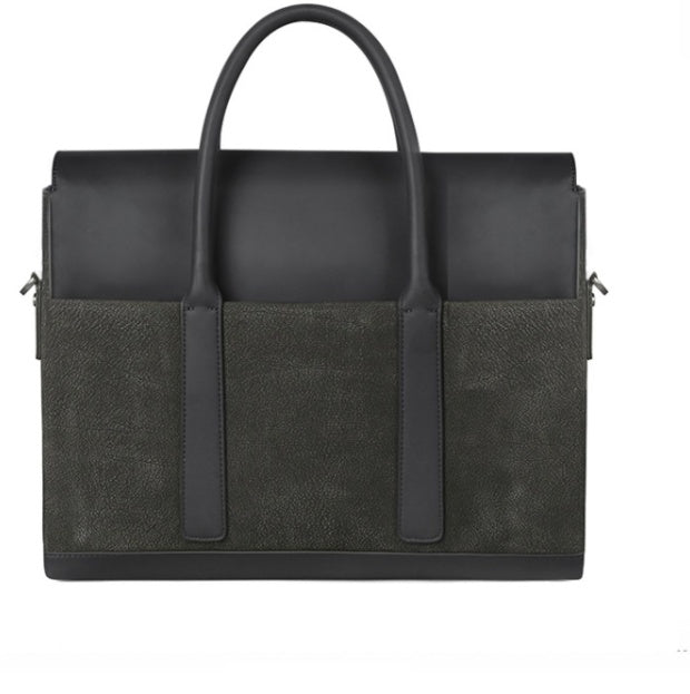Black leather briefcase with handles on a white background