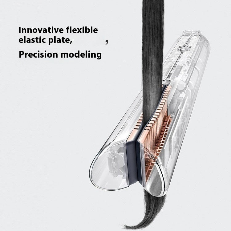 Hair straightener with a clear design, showing an innovative flexible elastic plate on a light gray background.