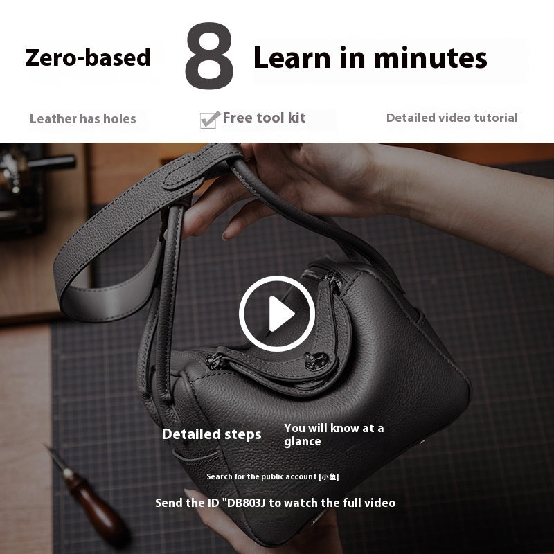 Black leather bag with tool kit and text about learning to repair leather in minutes.