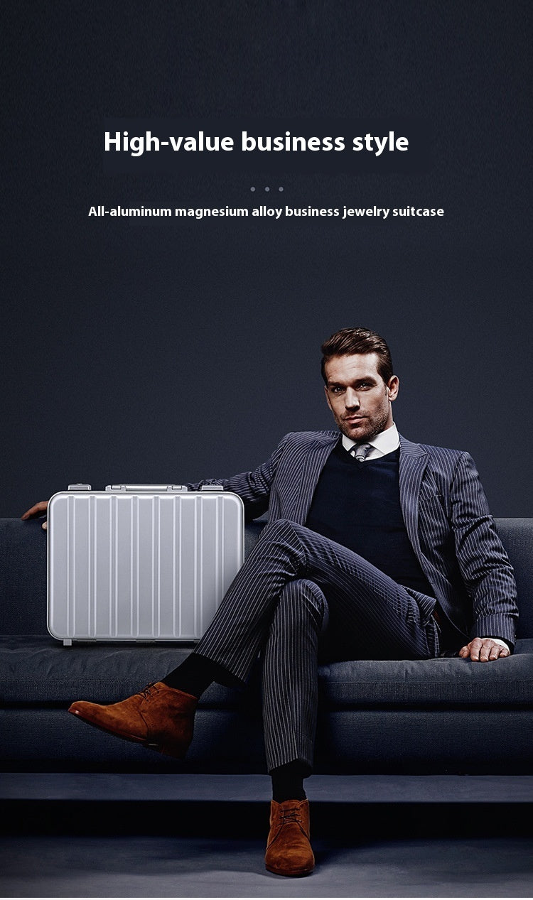 Man in a suit holding a silver business jewelry suitcase with text 'High-value business style' on a dark background.