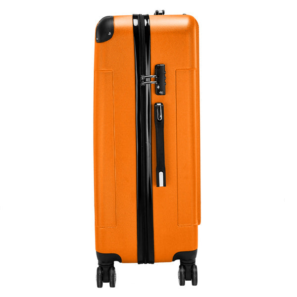 Orange suitcase with black zipper on a white background