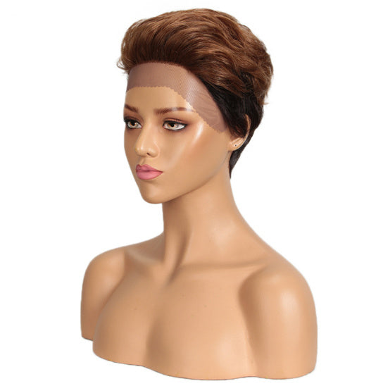 Mannequin head with a brown wig on a white background