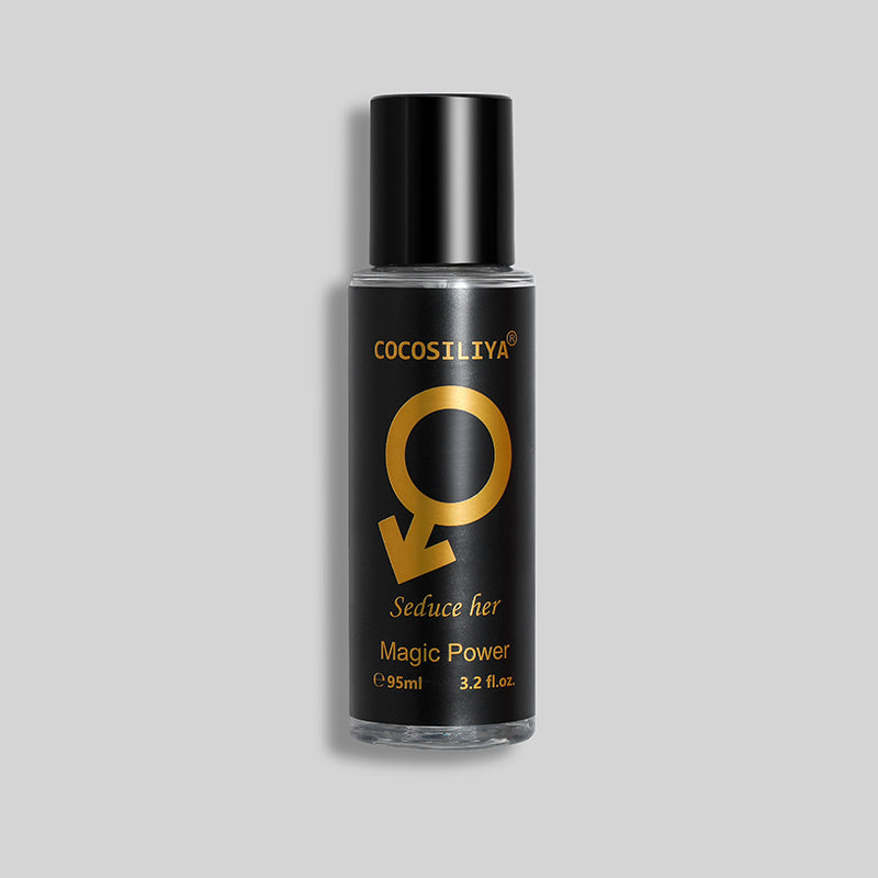 Black and gold bottle of Cocosiliva perfume on a gray background