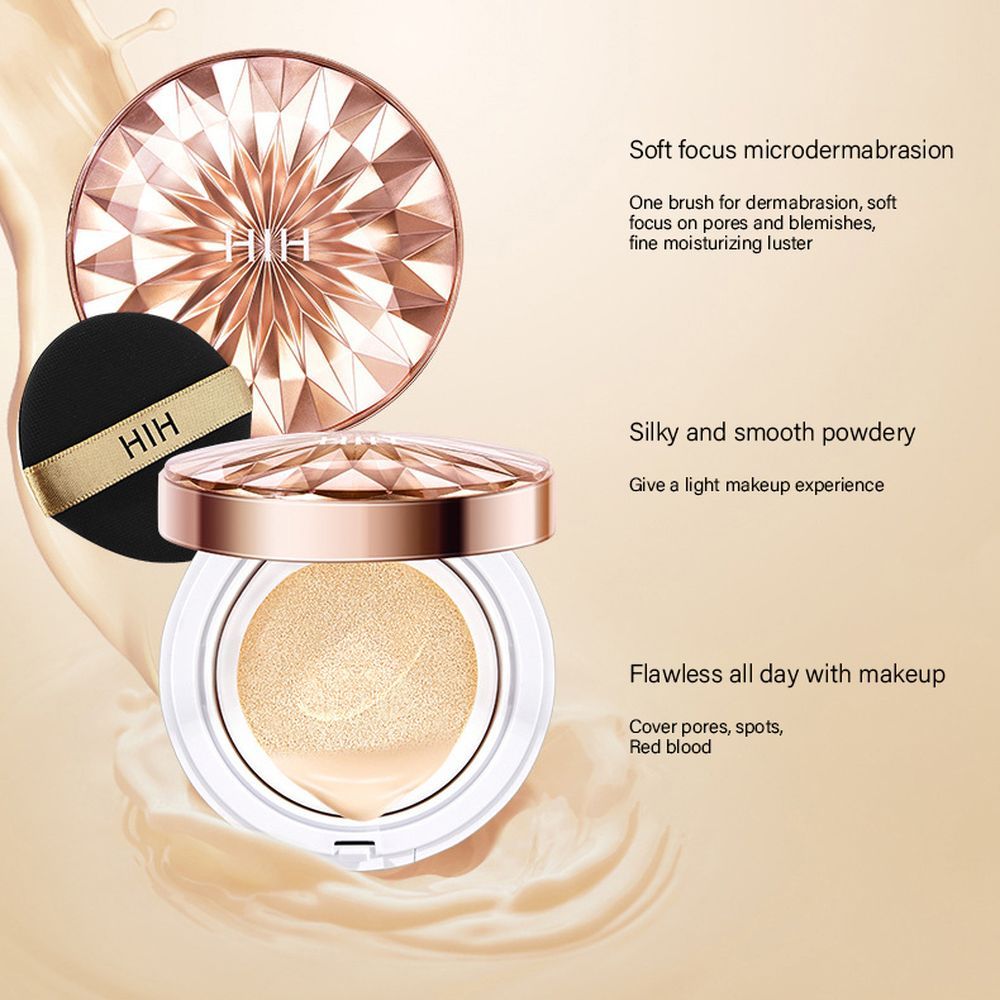 HHI cosmetic compact with rose gold lid on a beige background