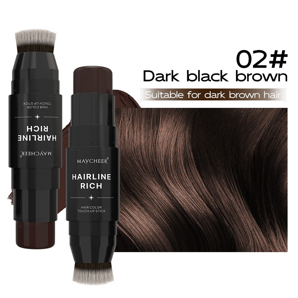Hairline Rich hair color touch-up stick for dark black brown hair with product and hair sample on a white background.