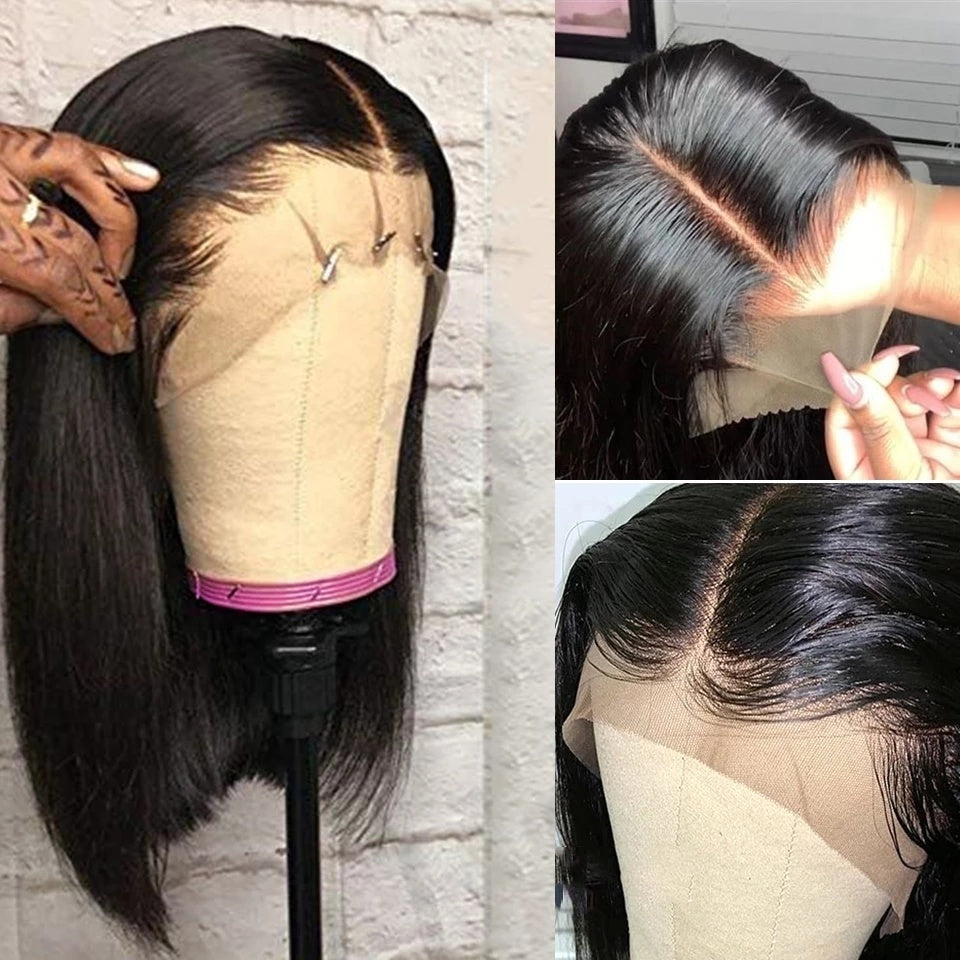 Collage of a wig on a mannequin head with close-up views of the hairline.