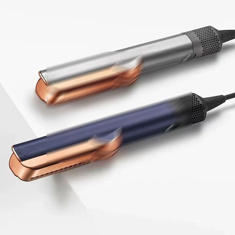 Hair straightener with rose gold and black design on a white background