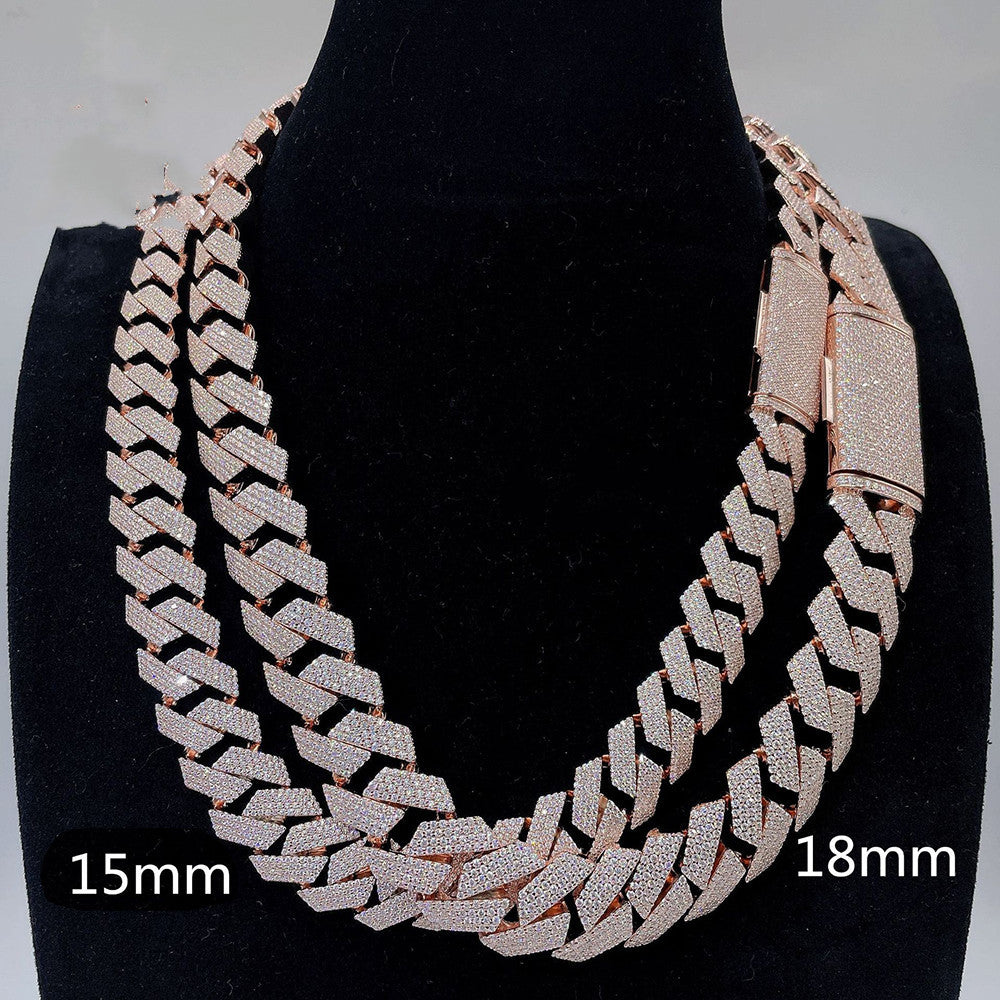 Rose gold chain necklace on a black stand with measurements indicated.