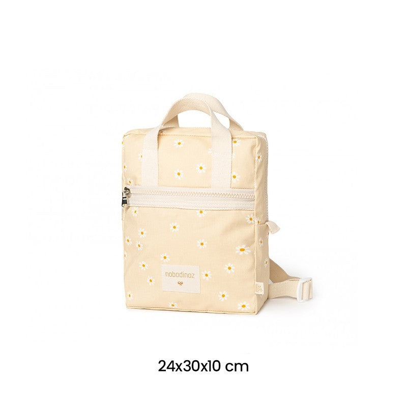 Beige tote bag with floral pattern on a white background