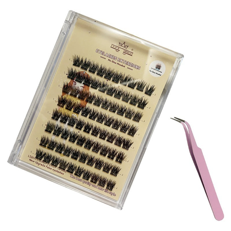 Set of false eyelashes with a pink tweezers on a white background