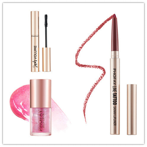 Makeup products including mascara, lip gloss, and eyeliner on a white background