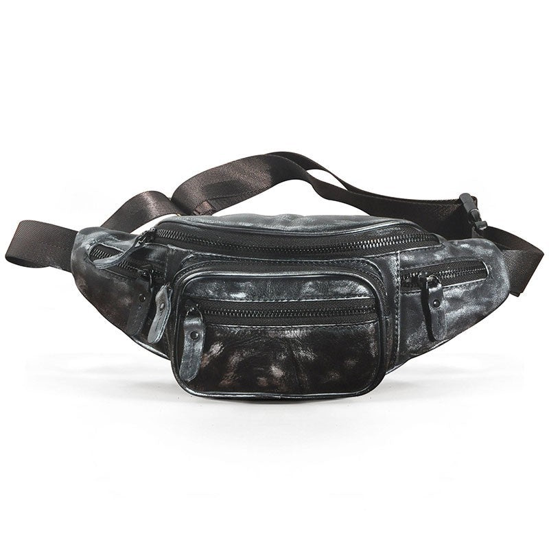 Black distressed leather fanny pack on a white background