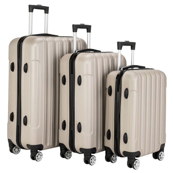 Set of three beige suitcases with black handles and wheels on a white background
