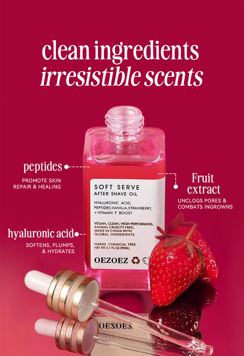 Oezoez after shave oil with strawberry extract on a red background