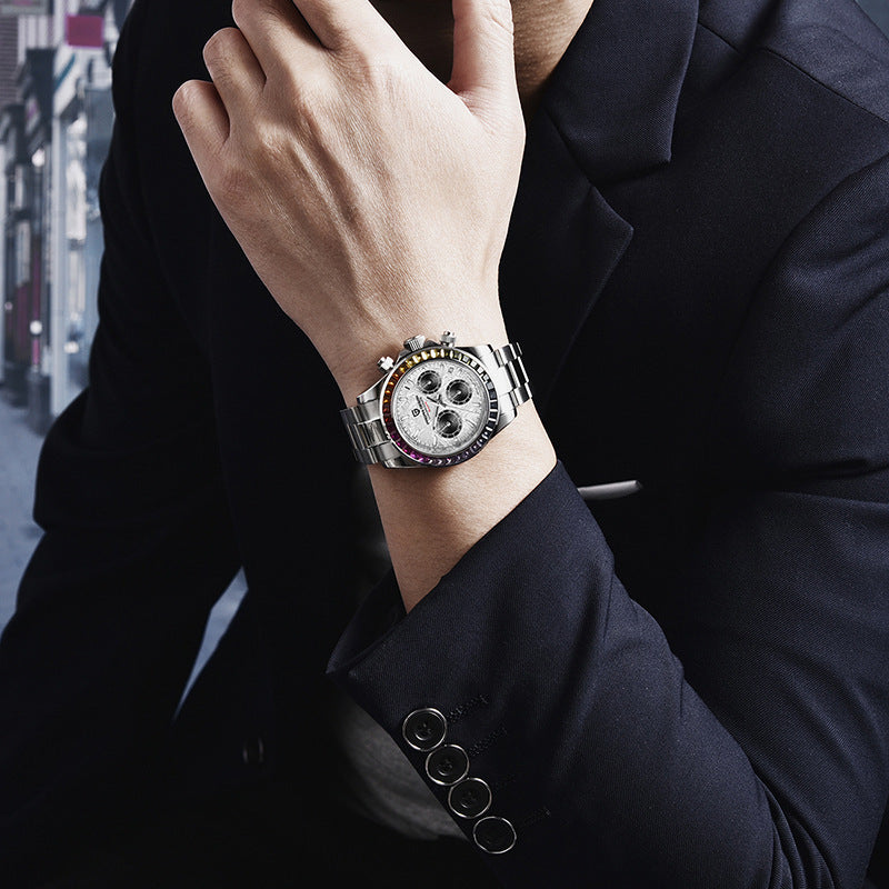 Close-up of a wrist wearing a silver watch with a dark background