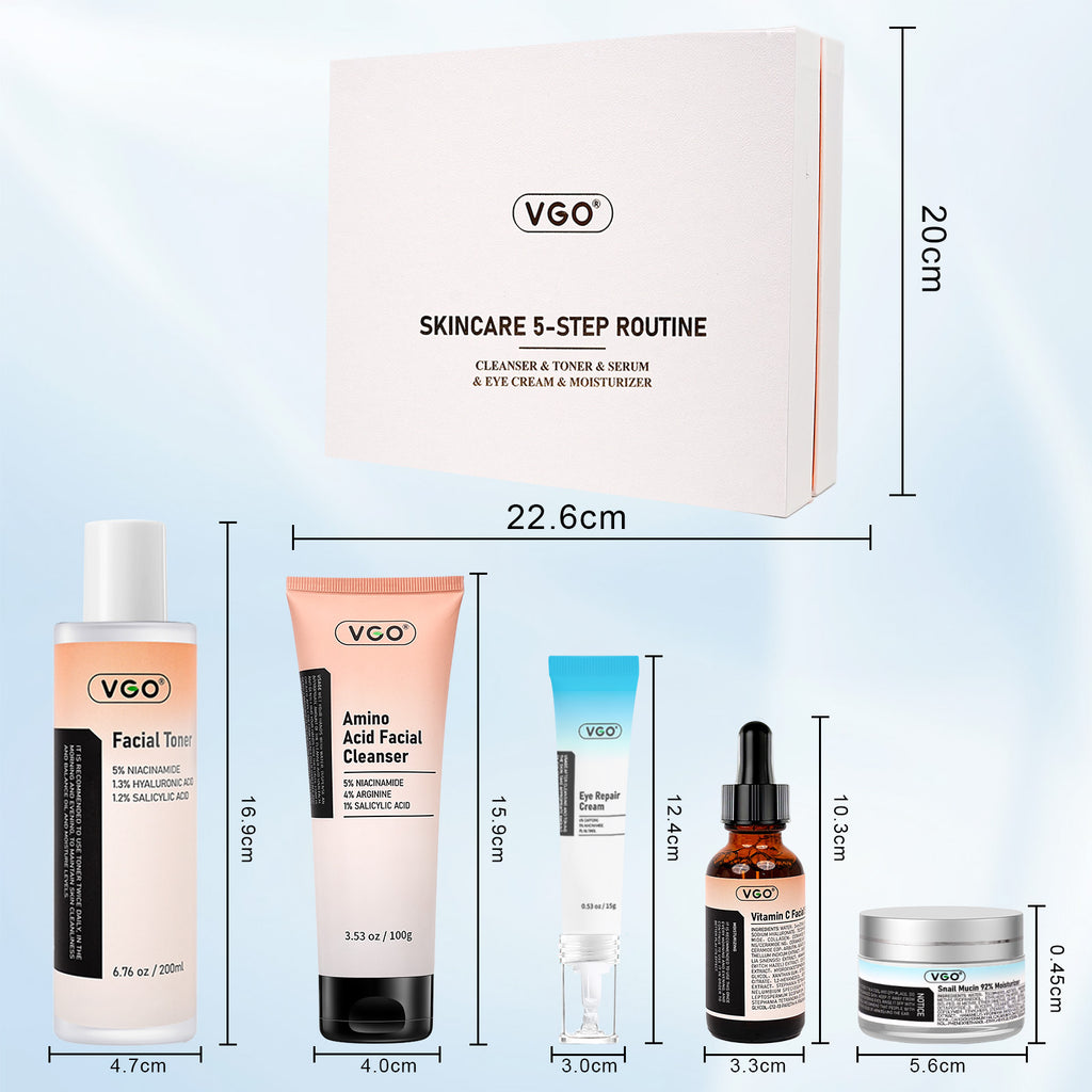 VGO skincare products with dimensions on a light blue background