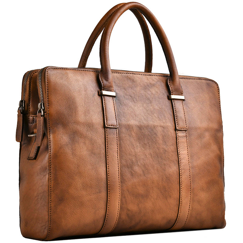 Brown leather briefcase on a white background