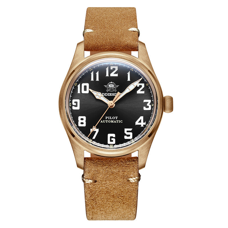 Watch with brown leather strap and black dial on a white background