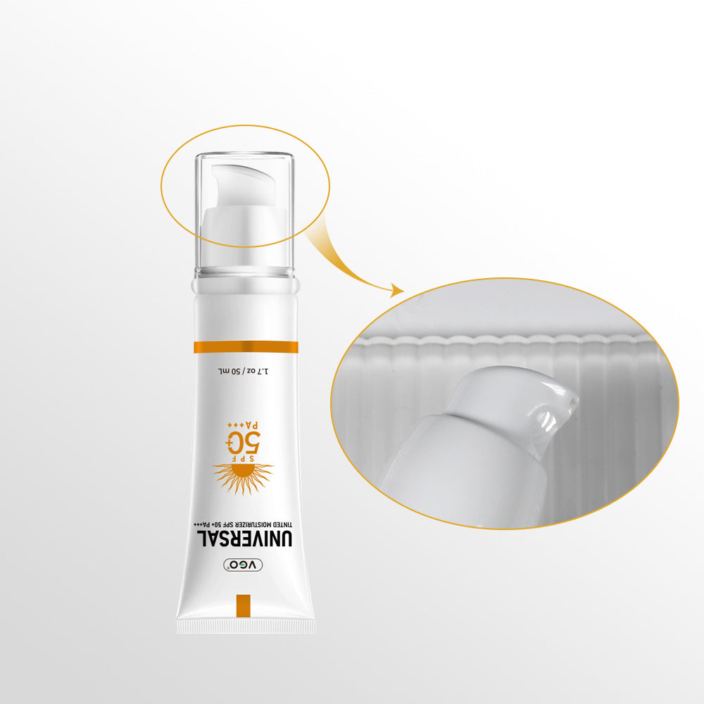 Sunscreen cream tube with close-up of texture on a white background