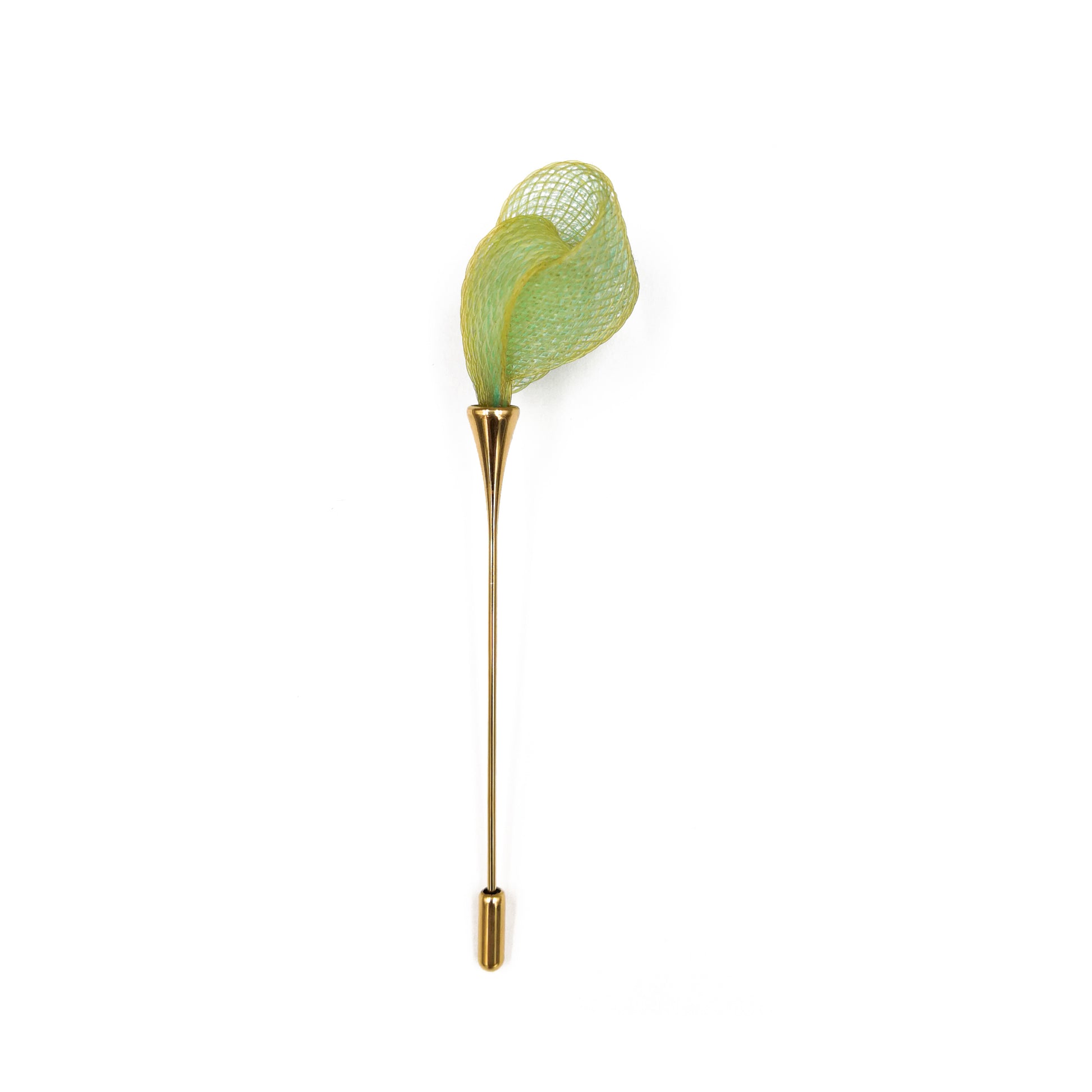 Green leaf-shaped lapel pin on a white background