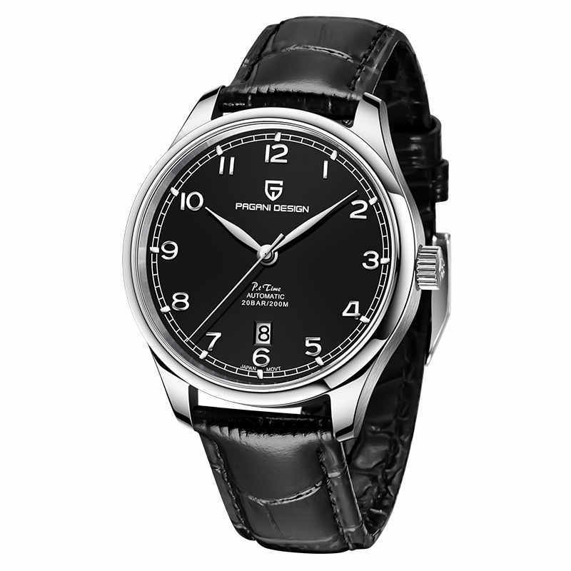 Black wristwatch with silver case and black leather strap on a white background