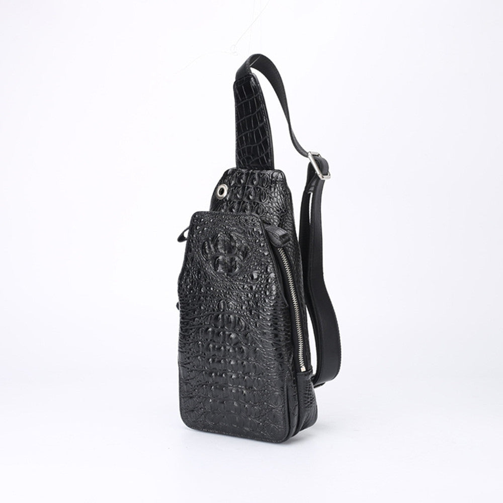 Black textured crossbody bag on a white background