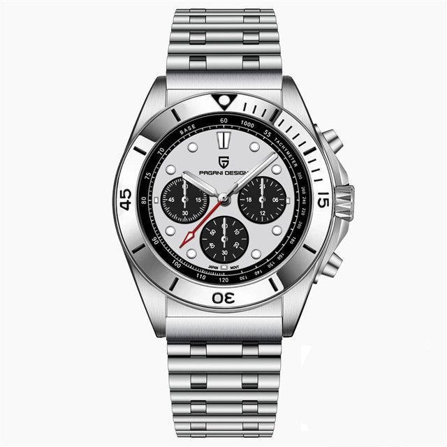 Silver watch with a black face on a white background