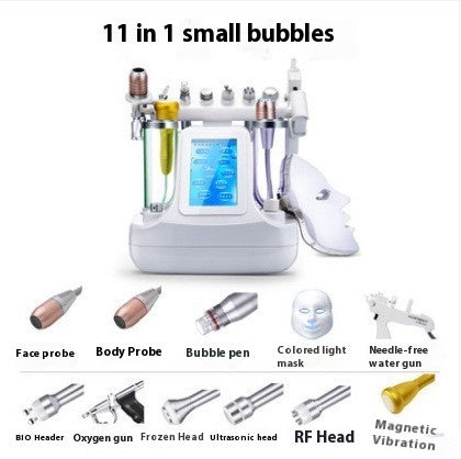 Multifunctional device with various attachments labeled on a white background