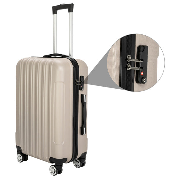 Beige suitcase with a close-up of a lock on a white background
