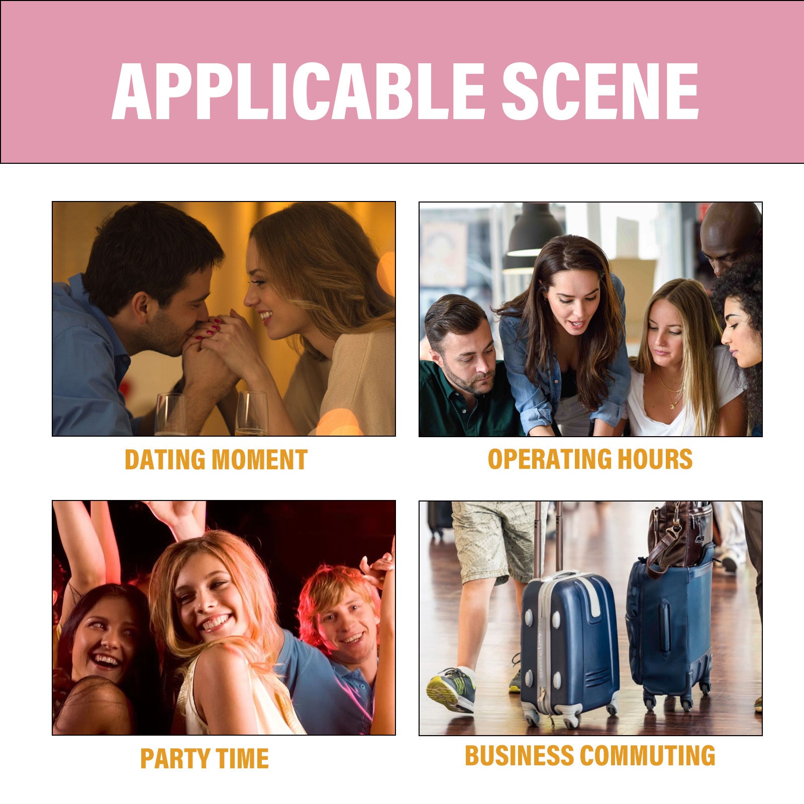 Collage of scenes labeled 'Dating Moment', 'Operating Hours', 'Party Time', and 'Business Commuting' with people in various settings.