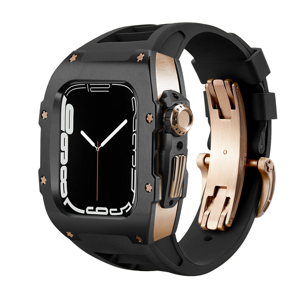 Black and rose gold watch with a unique design on a white background
