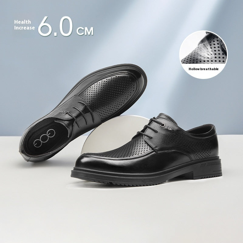 Black dress shoes with health increase feature and hollow breathable design on a light gray background