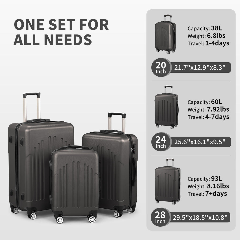 Set of black suitcases with dimensions and capacity details on a gray background