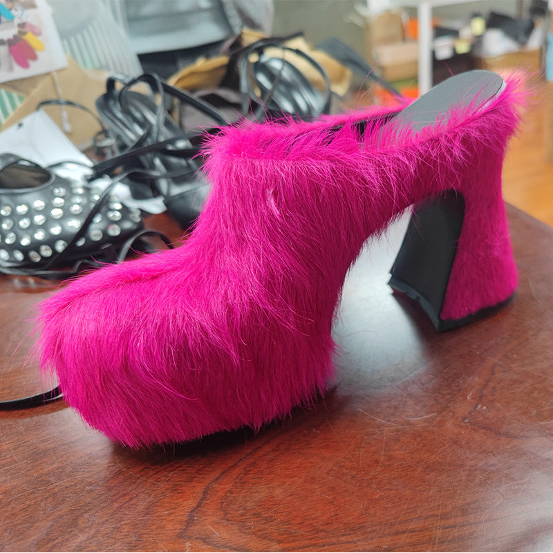 Waterproof Horsehair Chunky Heel Slippers, Sizes 34-43