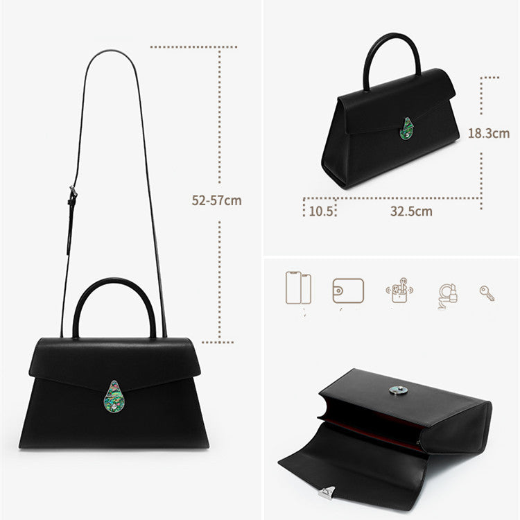 Black handbag with measurements and features on a white background