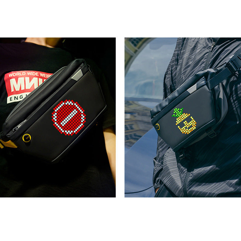 Two digital display bags showing pixelated designs on a person wearing them.